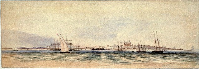 Conrad Martens was born in London in 1801 and trained as a landscape painter. Following a short voyage on board the HMS Hyacinth he replaced Augustus Earle, who’d been forced to leave the expedition due to ill health, as artist on board the second survey expedition of HMS Beagle (1831-1836). He joined the crew of the Beagle, which included Captain Robert FitzRoy and Charles Darwin, at Montevideo in 1833 and the Beagle accompanied by, a smaller vessel, HMS Adventure set off for Port Desire in December of that year.