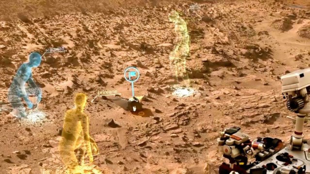 A screen view from OnSight, a software tool developed by NASA's Jet Propulsion Laboratory in collaboration with Microsoft. OnSight uses real rover data to create a 3-D simulation of the Martian environment where mission scientists can "meet" to discuss rover operations. Credit: NASA/JPL-Caltech