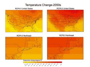 Map of annual temperature changes in the Northeast in 2050. Image Credit: NPCC, 2015