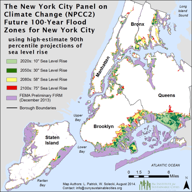 Future 100-year flood zones for New York City based on the high-estimate 90th percentile NPCC2 sea level rise scenario. Image Credit: NPCC, 2015