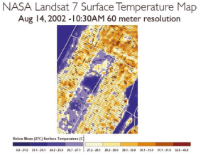 NASA LANDSAT surface temperature map of mid-town Manhattan with Central Park in the center. Image Credit: NPCC, 2015