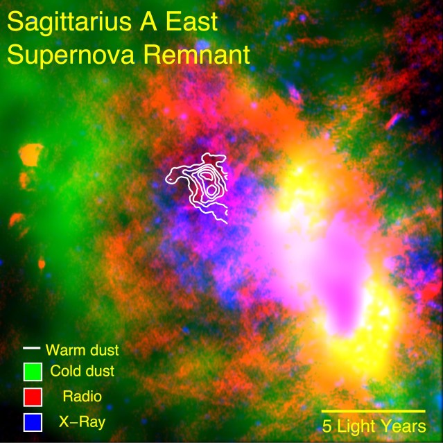 SOFIA data reveal warm dust (white) surviving inside a supernova remnant. The SNR Sgr A East cloud is traced in X-rays (blue). Radio emission (red) shows expanding shock waves colliding with surrounding interstellar clouds (green). Image Credit: NASA/CXO/Herschel/VLA/Lau et al
