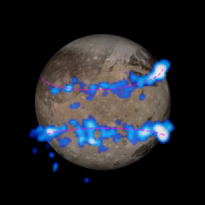 NASA Hubble Space Telescope images of Ganymede's auroral belts (colored blue in this illustration) are overlaid on a Galileo orbiter image of the moon. The amount of rocking of the moon's magnetic field suggests that the moon has a subsurface saltwater ocean. Image Credit:  NASA/ESA