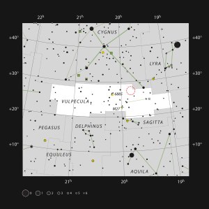 This map includes most of the stars that can be seen on a dark clear night with the naked eye. It shows the small constellation of Vulpecula (The Fox), which lies close to the more prominent constellation of Cygnus (The Swan) in the northern Milky Way. The location of the exploding star Nova Vul 1670 is marked with a red circle. Credit: ESO, IAU, and Sky & Telescope