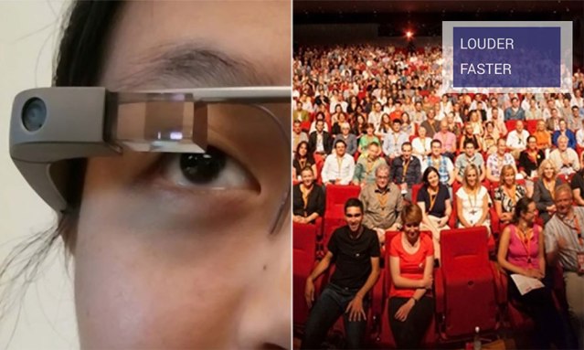 On the left, a speaker wears Google Glass, and on the right, the view of the audience from the speaker's perspective with the real-time feedback provided by the Rhema system. (photo credit: M. Iftekhar Tanveer, et al)
