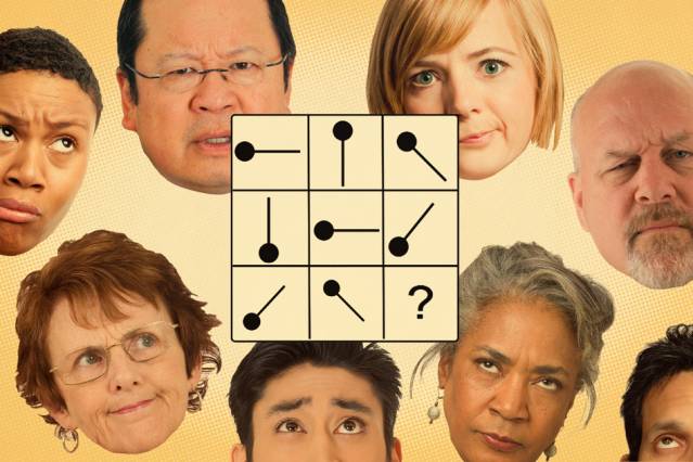 Researchers have been running large-scale experiments on the Internet, where people of any age can become research subjects. Their websites feature cognitive tests designed to be completed in just a few minutes. Shown here is a "pattern completion test" from their website, testmybrain.org. Illustration: Jose-Luis Olivares/MIT (with image courtesy of the researchers)