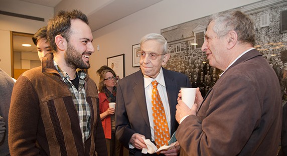 Nash (center) is the second consecutive Princeton researcher to receive the Abel Prize. Yakov Sinai (right), a Princeton professor of mathematics, was awarded the 2014 Abel Prize for his influential 50-year career in mathematics. At 86, Nash continues to inspire and work with younger researchers such as Michail Rassias (left), a Princeton visiting postdoctoral research associate in mathematics who is working on an upcoming book with Nash. (Photos by Danielle Alio, Office of Communications) Credit: Princeton University
