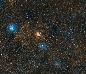 This image from the Digitized Sky Survey shows star cluster Westerlund 2 and its surroundings. A new image of Westerlund 2 was released to celebrate the 25th anniversary of the NASA/ESA Hubble Space Telescope. Credit: NASA, ESA, Digitized Sky Survey 2