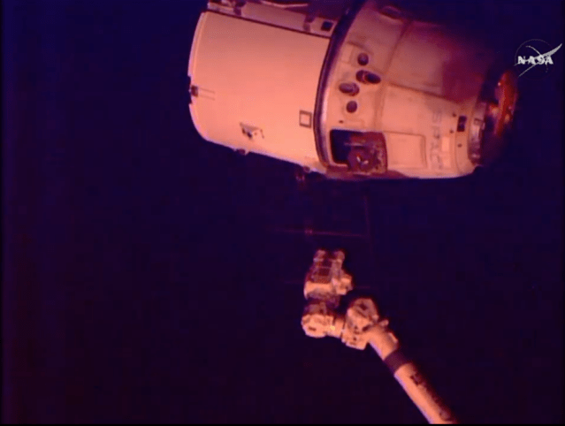 The SpaceX Dragon cargo spacecraft was released from the International Space Station's robotic arm at 7:04 a.m. EDT Thursday. The capsule then performed a series of departure burns and maneuvers to move beyond the 656-foot (200-meter) "keep out sphere" around the station and begin its return trip to Earth. Credits: NASA TV