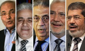 7R Egypt's presidential frontrunners from left to right Ahmed Shafiq,Hamdeen Sabbahi, Amr Moussa, Abdel-Moneim Abul-Fotouh and Mohamed Morsi Photo Al-Ahram