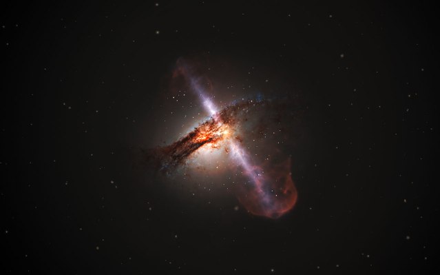 This artist’s impression illustrates how high-speed jets from supermassive black holes would look. These outflows of plasma are the result of the extraction of energy from a supermassive black hole’s rotation as it consumes the disc of swirling material that surrounds it. These jets have very strong emissions at radio wavelengths. Credit: ESA/Hubble, L. Calçada (ESO)